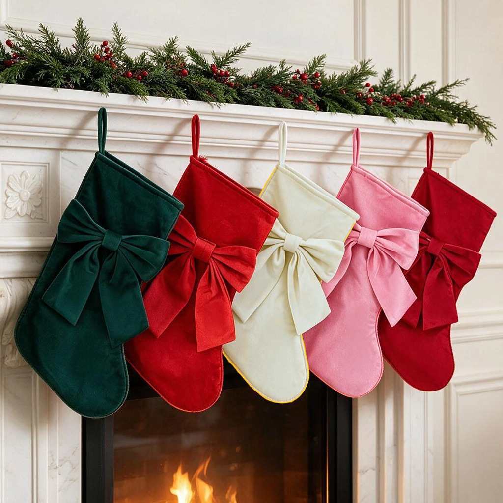 Christmas Stocking Hanging - 1 Stück Weihnachtsstrümpfe, Geschenktüten mit Schleife,