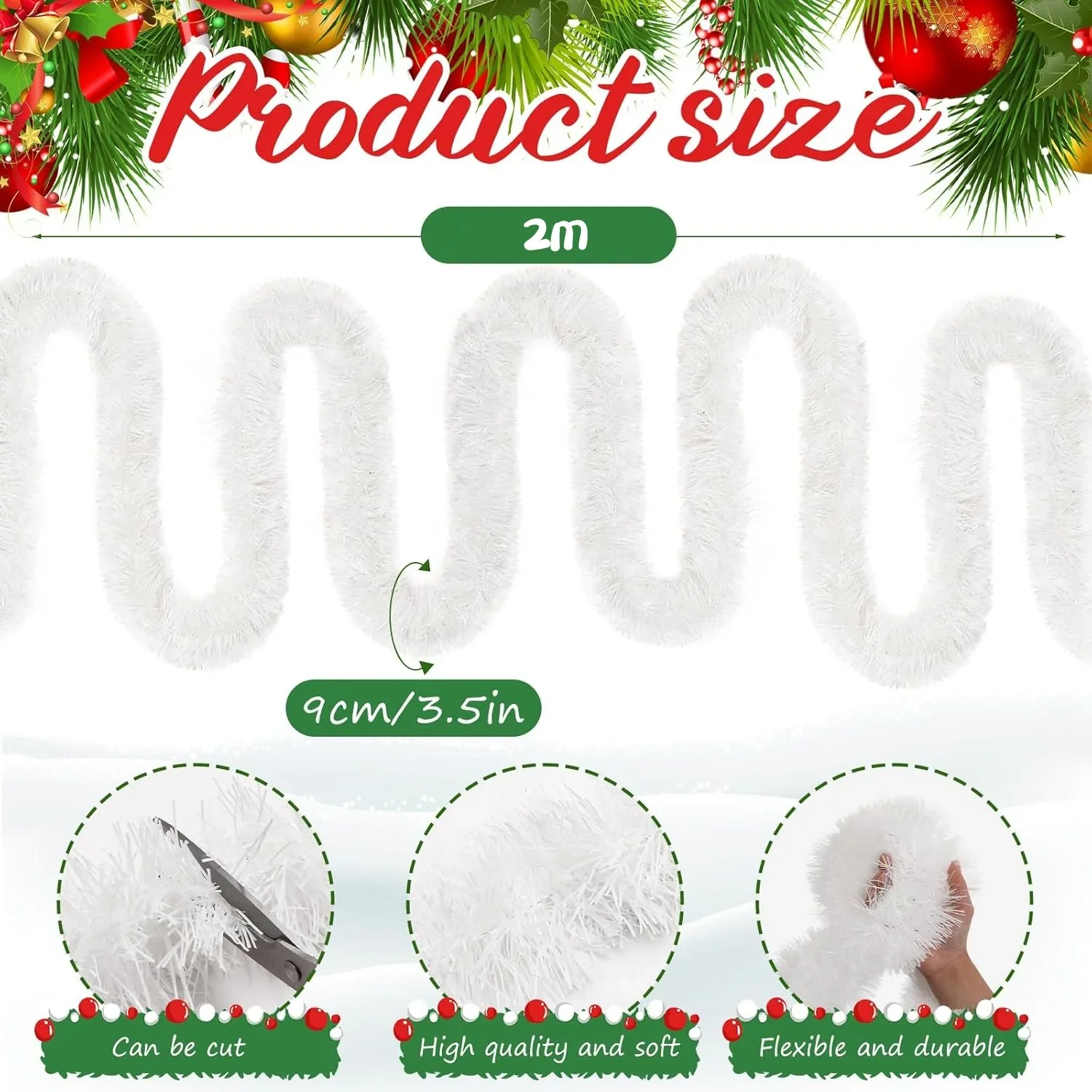 Tinsel Garland Decoration - 1 Stück 2m Weihnachts-Lametta-Girlande, weißer Weihnachtsbaum-Kranz,