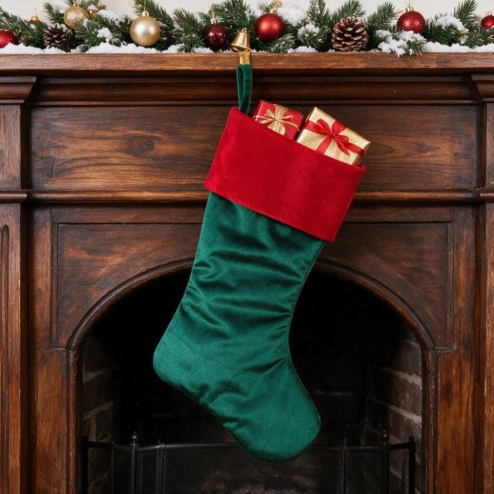 Christmas Stocking Hanging - Rot-grüner Samt-Weihnachtsstrumpf, Plüsch, nachfüllbar, Weihnachtsgeschenk-Aufbewahrungssocken, große